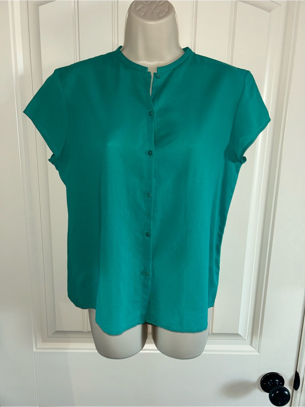 NEW Eileen Fisher Teal Short Sleeve Button Front Blouse Sz S
